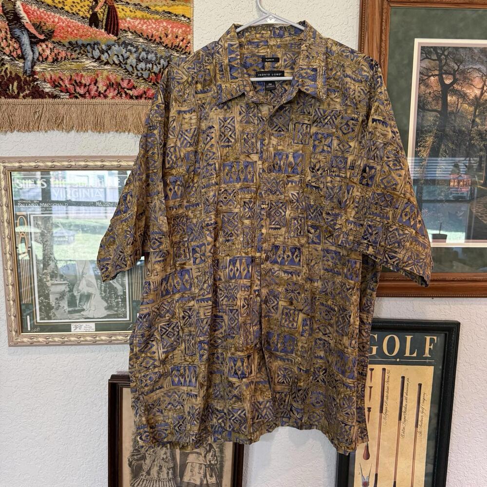 PRONTO UOMO Mens MEDIUM Navy Floral Button Up SHIRT 100% Rayon COOL Short Sleeve